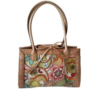 Liz Claiborne Womens Box Purse Linen Cotton Multicolor Double Handles Bow